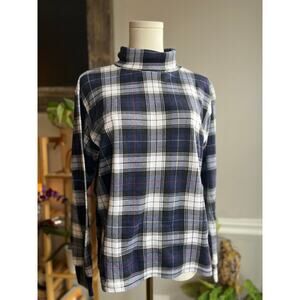 Vintage 90s Blue Plaid Turtleneck Long Sleeve Blouse Size Large